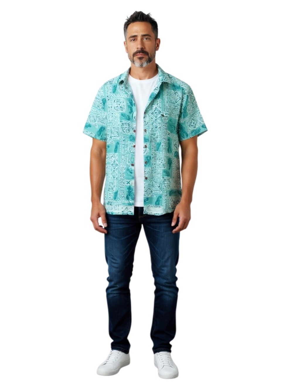 Campia Moda Mens Hawaiian Shirt M  Batik Style Rayon Button Up Short Sleeve Aqua